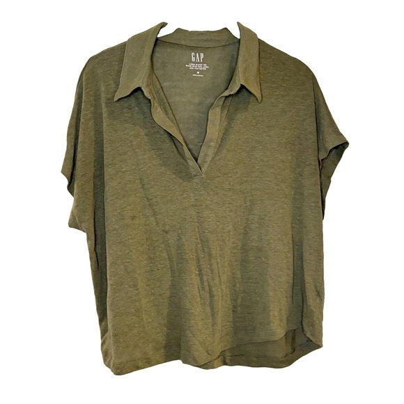 GAP Tops - GAP Women's Green Linen Blend V-Neck Cap Sleeve Cropped Polo Shirt Size M